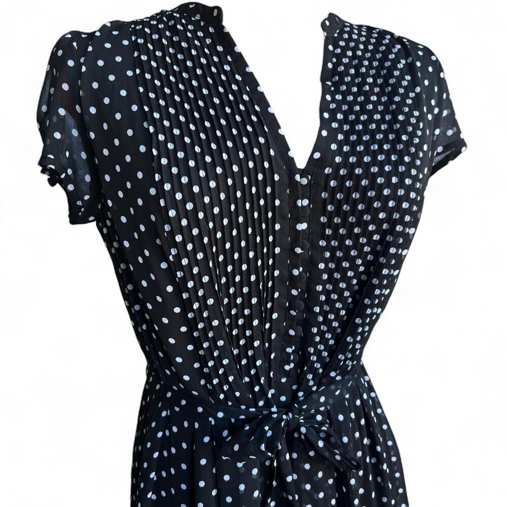 Black & White Polka Dot Midi Dress Sheer Keyhole Sleeves Removable Tie Size 14 - Picture 2 of 8